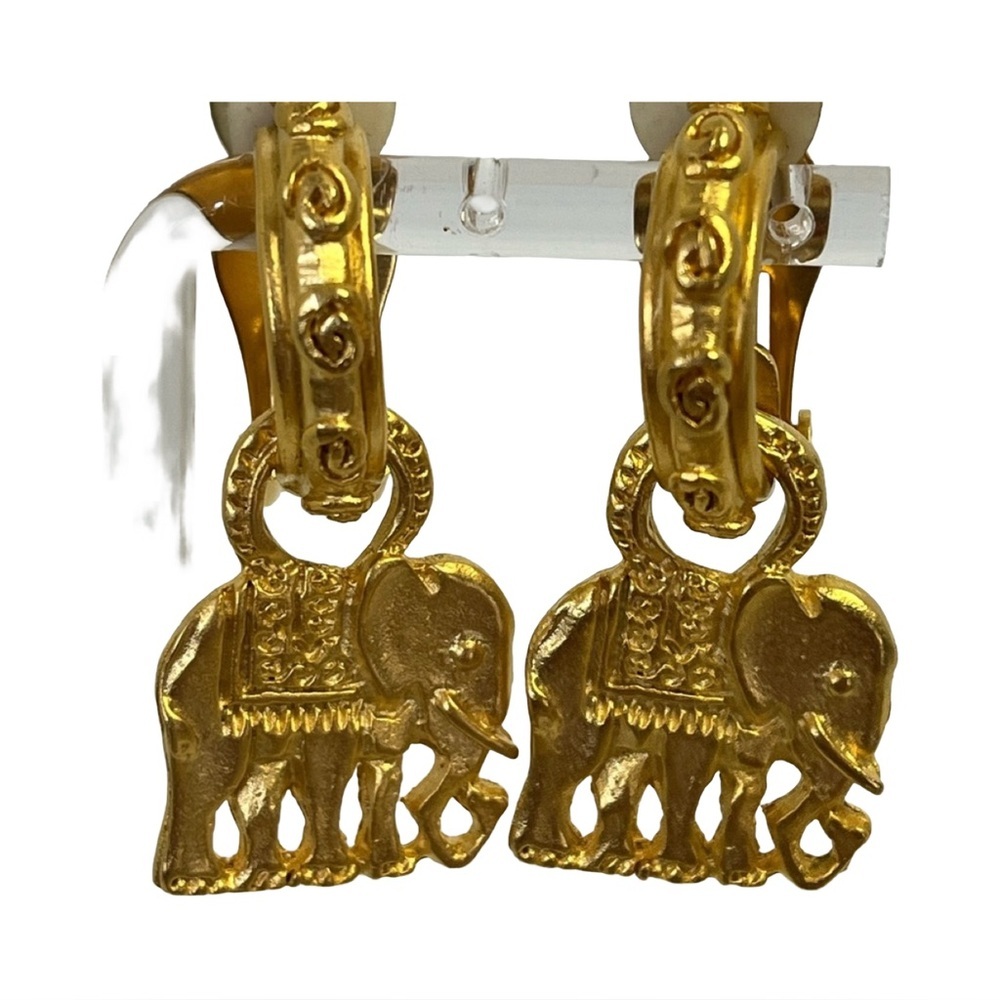 Gold Elephant Dangling Clip On Earrings